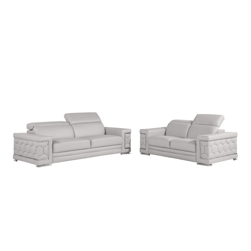 Charliee 2 Piece Genuine Leather Sofa Set, Light Gray