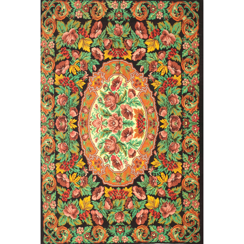 Tapis traditionnel orange / vert / rouge, Rectangle 5 pi x 7 pi