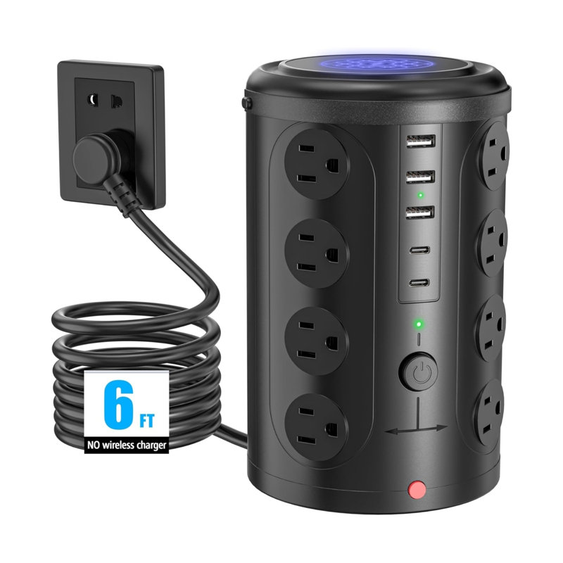 6FT Tower Power Strip with 16 Outlets & 5 USB Ports | Surge Protection | Fast Charging Station | Space-Saving Vertical Design | Silver