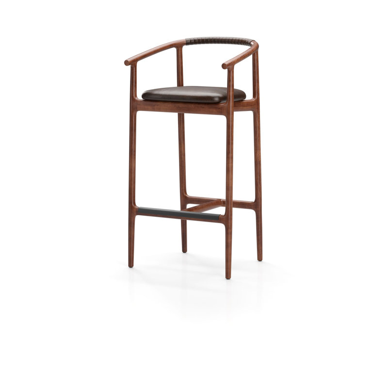Charlie Upholstered Stool with Solid Wood Frame, Natural Walnut, Newcastle Dark Brown New 25/Leather