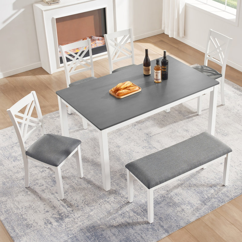 Table de salle à manger rectangulaire en bois avec 4 chaises rembourrées et un banc, 6 Pieces: Table, Bench, 4 Chairs