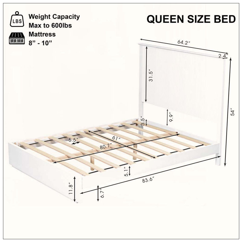 Solid Wood Bed Frame, Queen, White