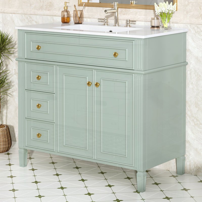 Meuble-lavabo de salle de bain avec lavabo, armoire en bois massif vert, tiroir rabattable, portes à fermeture en douceur, poignées dorées, design moderne