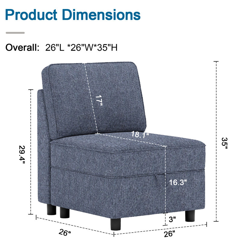 Tupelo Middle Seat Module For Sectionals Sofa Free Combination Sofa Middle Module, Navy Polyester Blend