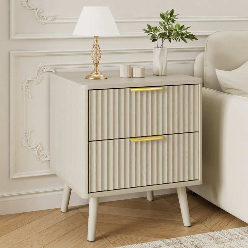 Fluted Nightstand With Curved Profile Design, 2-Drawer End Table, Bedside Table For Bedroom, Living Room, Cream