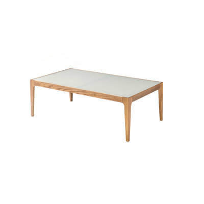Table basse en verre givré avec pieds en bois naturel