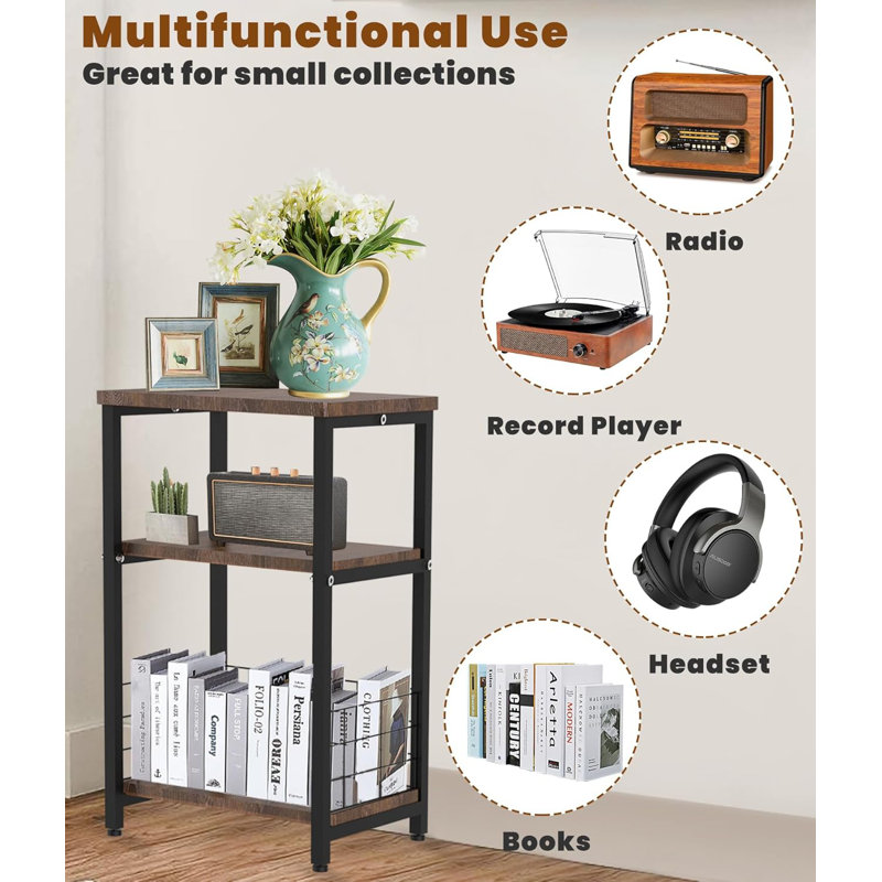 3-Tier Record Player Stand With Vinyl Storage Basket, Turntable Table For Up To 100 Albums, Multi-Functional End Side Table For Living Room, Bedroom, Office