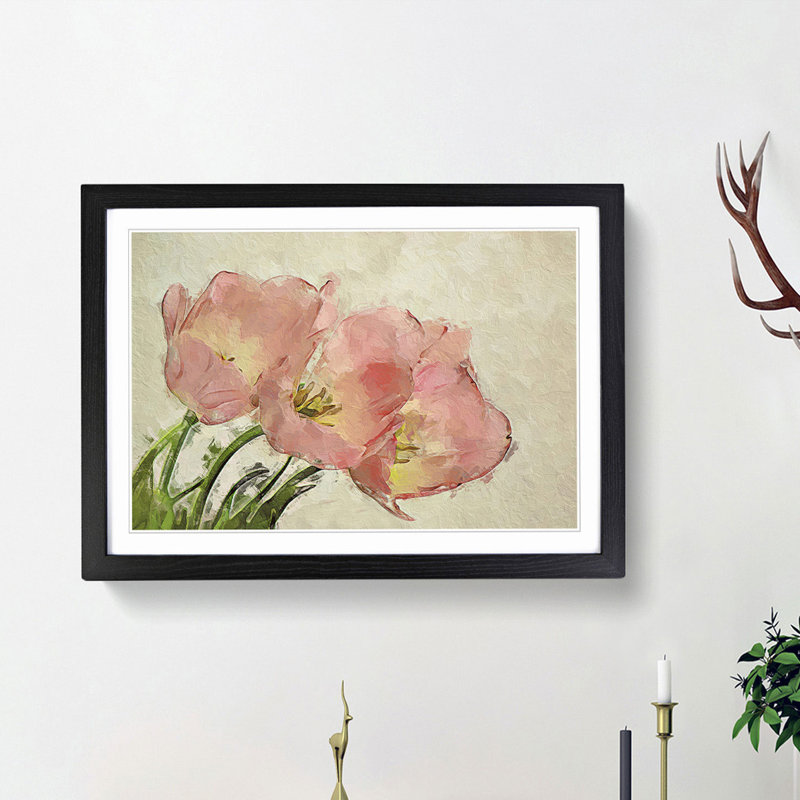 Pink Tulip Art in Abstract - Picture Frame Painting Print, 27cm H x 36cm W x 2cm D, Black Framed