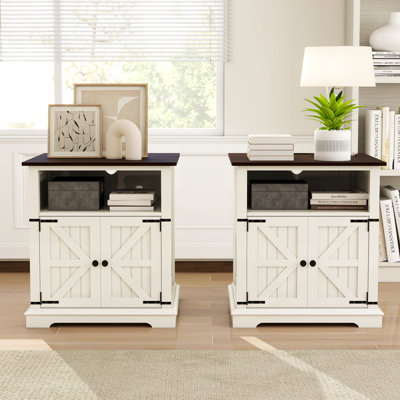 August Grove® Modern Nightstand with Cabinet & Built-In 2 AC Outlets + 2 USB Ports – Farmhouse Style End Table with Barn Door