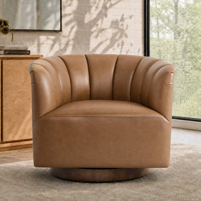 35.0"Swivel Accent Chair With Channel Tufting And Top-Grain Leather