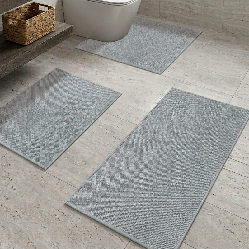 3 Piece Textured Linen-Look Bath Rug Set with Non-Slip Backing, Light Gray