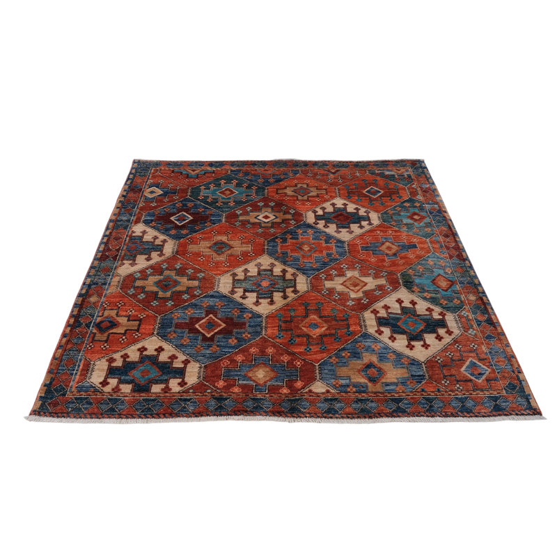 High-Quality Hand-Knotted Red And Navy Area Rug