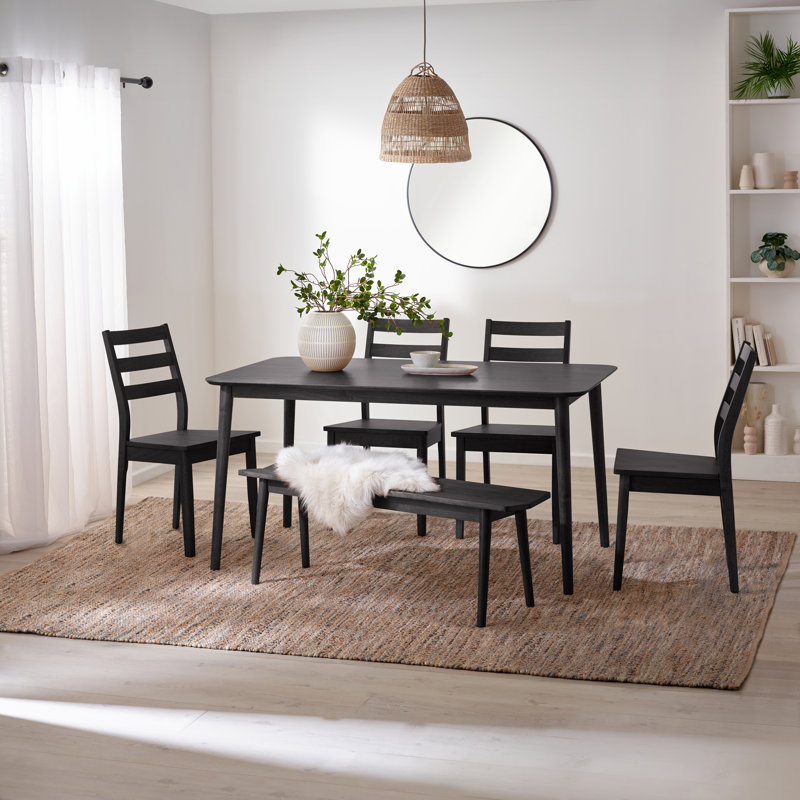 Bhawari Large Black Wooden Dining Table With 4 Chairs & Bench, 6 Pieces: Table, Bench, 4 Chairs