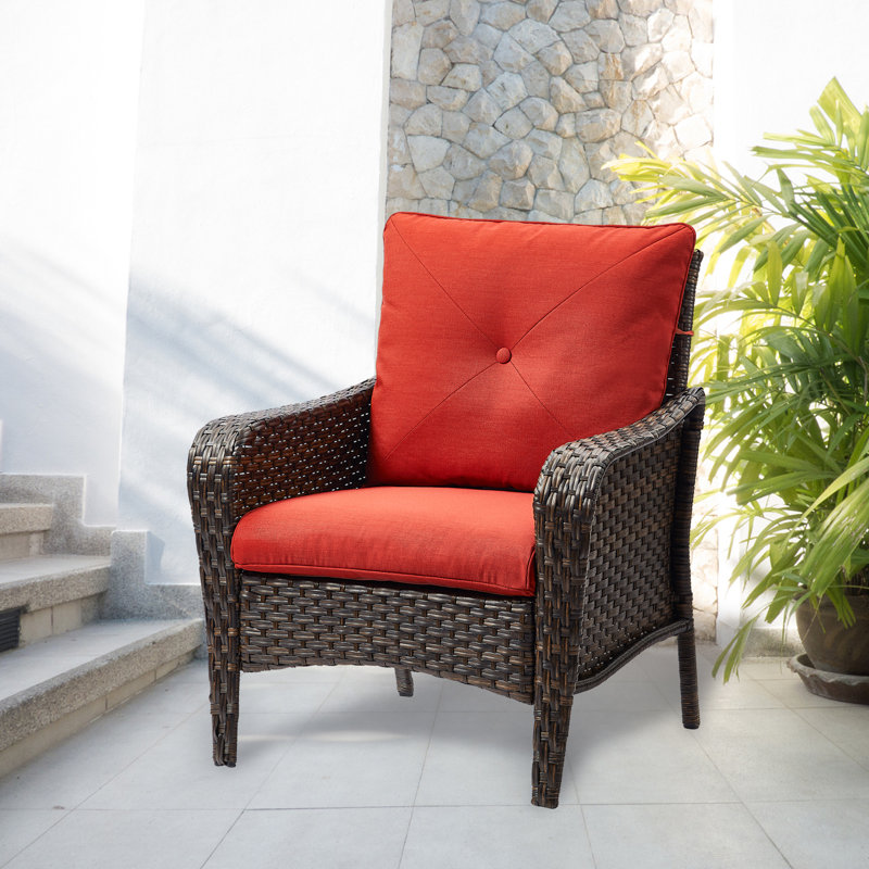 Red Wicker Rattan Patio Chairs with Cushions, Set of 2