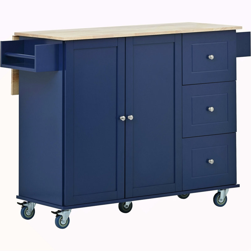 Rolling Mobile Kitchen Island With Drop Leaf - Solid Wood Top, Locking Wheels & Storage Cabinet 52.7 Inch Width, Blue