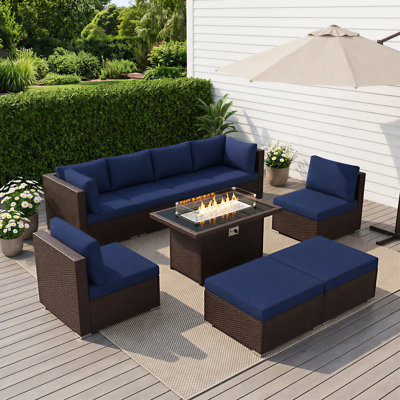 Ensemble de canapé modulaire en osier 9 pièces avec table de foyer et coussins de siège profond 9 pièces