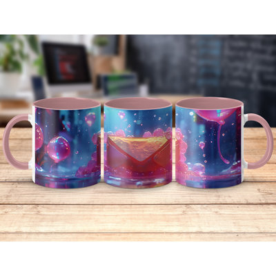 Set of 2 3D Design 11oz Accent Mugs – Ceramic Coffee Cups with a Pink Handle and Interior