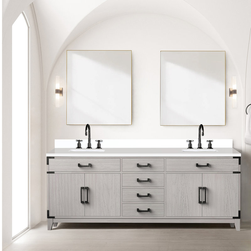 Meuble-lavabo double en chêne blanc 84 po X 22 po, comptoir en marbre de culture scellé, dessus de robinet,