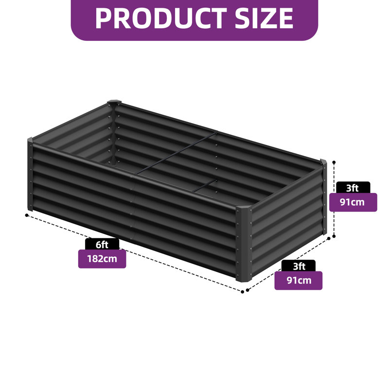 Galvanized Raised Garden Bed With Gloves, Black, 36" H x 72" W x 36" D