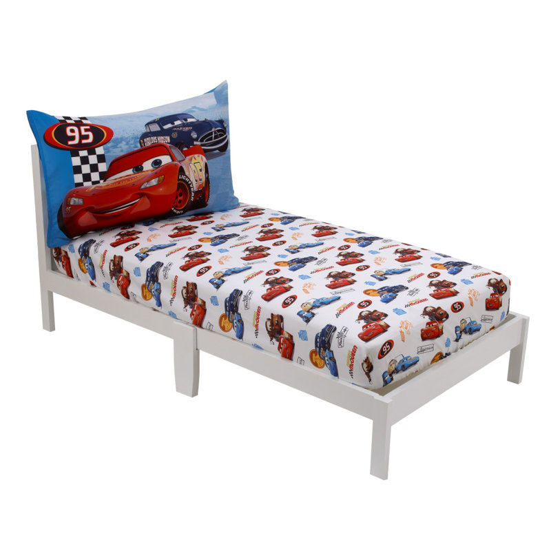 NoJo Disney Cars Radiator Springs Lightning McQueen 2 Piece Toddler Sheet Set Fitted Bottom Sheet and Reversible Pillowcase