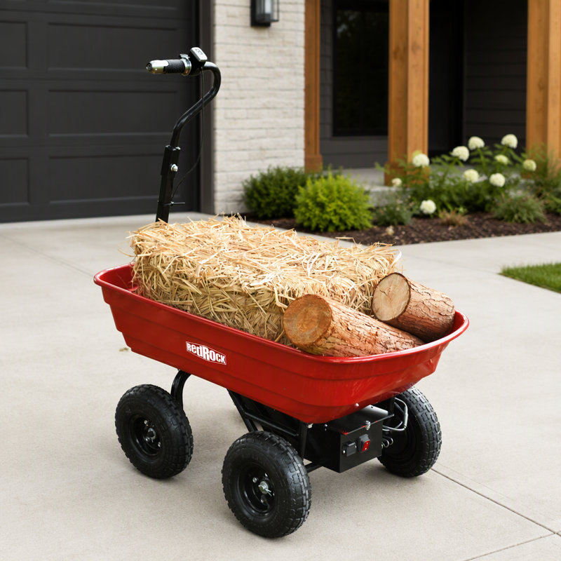 Chariot de jardin électrique puissant de 24 V et 180 W, d'une capacité de 75 L et d'une charge maximale de 120 kg, idéal pour les travaux extérieurs intensifs.