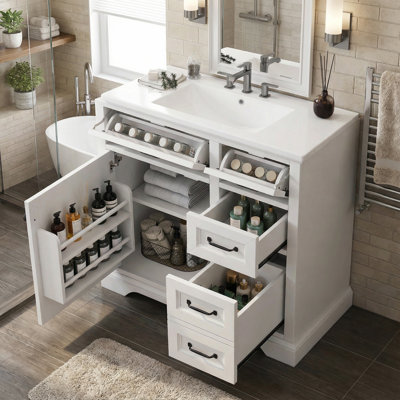 36" Modern Single Bathroom Vanity with Ceramic Sink, 2 Tip Out Drawers, Soft Close Doors, Freestanding Design