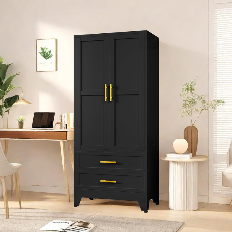 Armoire-penderie 71 po en métal avec penderie et 2 tiroirs, Noir
