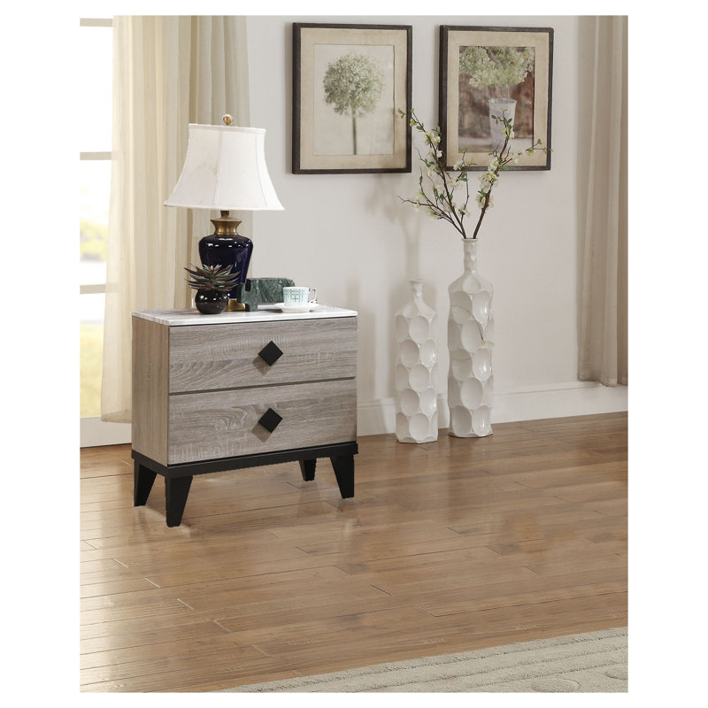 Table de chevet en chêne crème avec plateau en faux marbre rustique