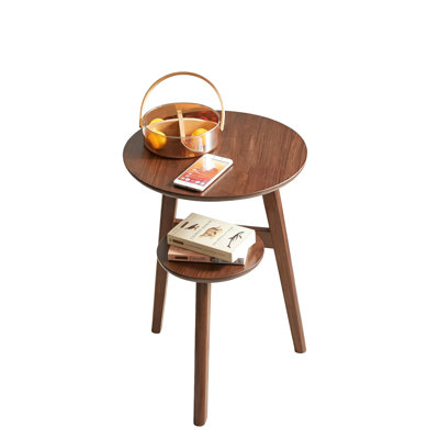 2‑Tier Solid Rubberwood Round Side Table, Walnut Finish End Table with Open Storage Shelf for Living Room Bedroom
