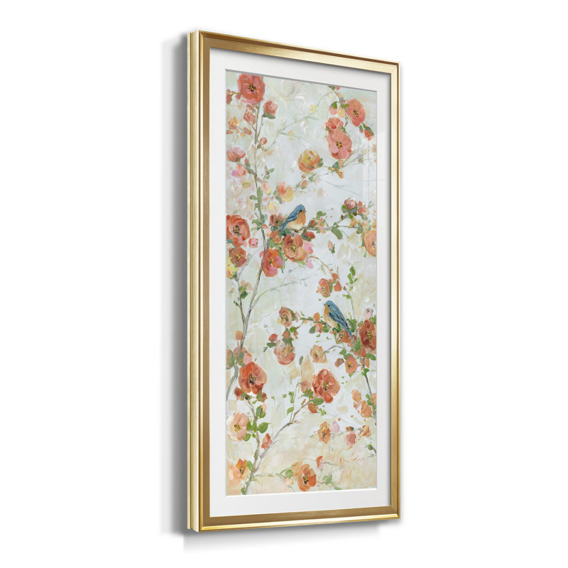 Bluebirds and Blossoms - Imprimé, H 22,5 po x l 42,5 po x P 1,5 po, Or