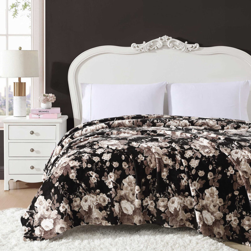 Vintage Floral Black Ultra Soft Fleece Throw Blanket