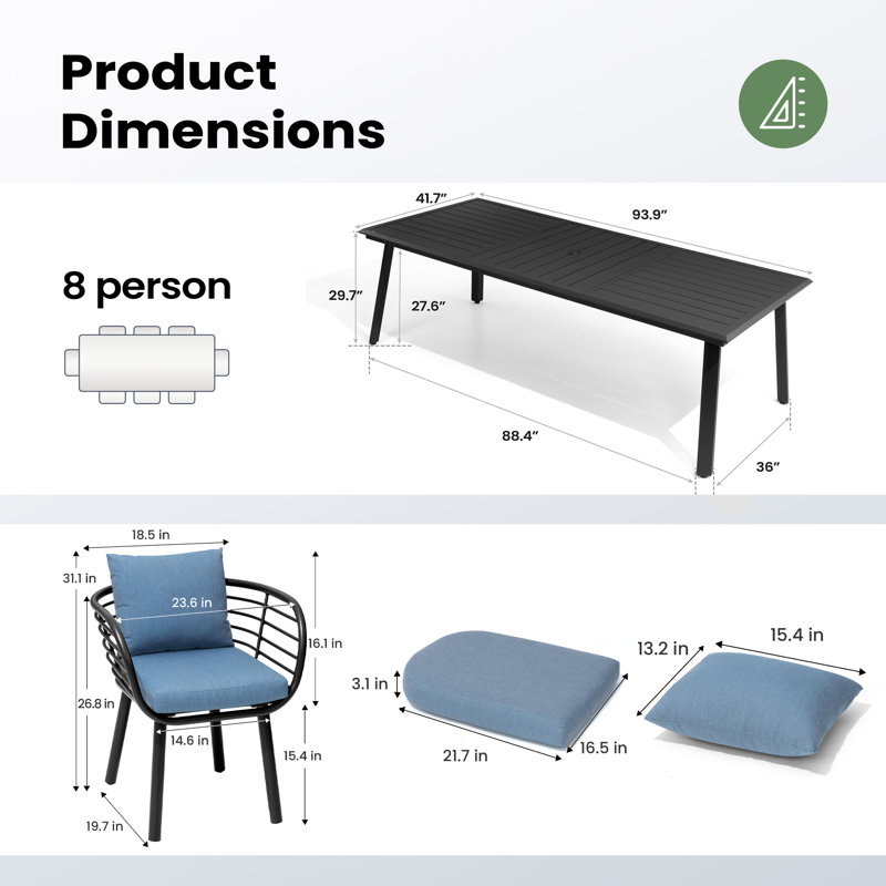 8 - Person Sunbrella Aluminum Dining Set (Set of 9), Blue