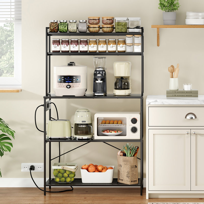 Support pour 5 boulangeries avec prises électriques, support à micro-ondes de 39 po, bar à café, tablette de rangement pour la gestion efficace de l'espace de comptoir - bois d'ingénierie noir, 45 lb, 150 lb par niveau