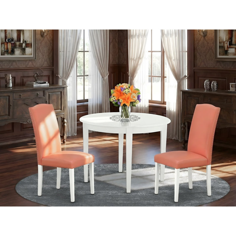 3 Piece Kitchen Table & Chairs Set Contains a Round Dining Room Table and 2 Pink Flamingo Faux Leather Parson Dining Room Chairs, 42x42 Inch, Linen White