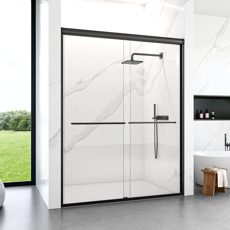 72" H Semi-Frameless Double Sliding Shower Door, Bypass Shower Door, 1/4" (6Mm) Thick Sgcc Tempered Glass Door, Matte Black