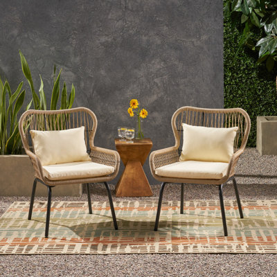 Siège d'extérieur - Structure en acier avec dossier enveloppé de corde, coussins d'eau, look bohème moderne, housses lavables amovibles, fabrication robuste de fauteuil club brun et beige, sièges, touche contemporaine à l'eau,