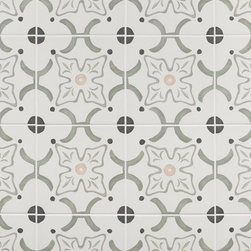 Carreau de porcelaine mat 8,77 po x 8,77 po Plumeria, Motif floral vert et gris