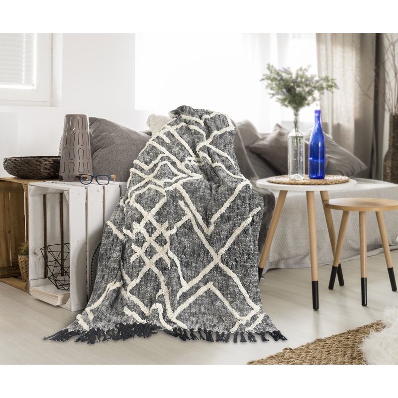 Handwoven Black and White Cotton Diamond Pattern Throw Blanket