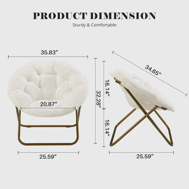 Upholstered Folding Saucer Chairs, Soft Accent Chair, Portable Moon Chair for Bedroom, Apartments, White Faux Fur