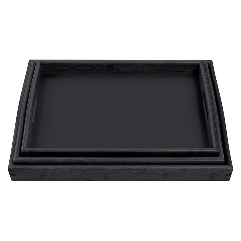 Ensemble de 3 plateaux de service en bambou noir avec poignées, plateau en bois pour déjeuner au lit, canapé et table basse