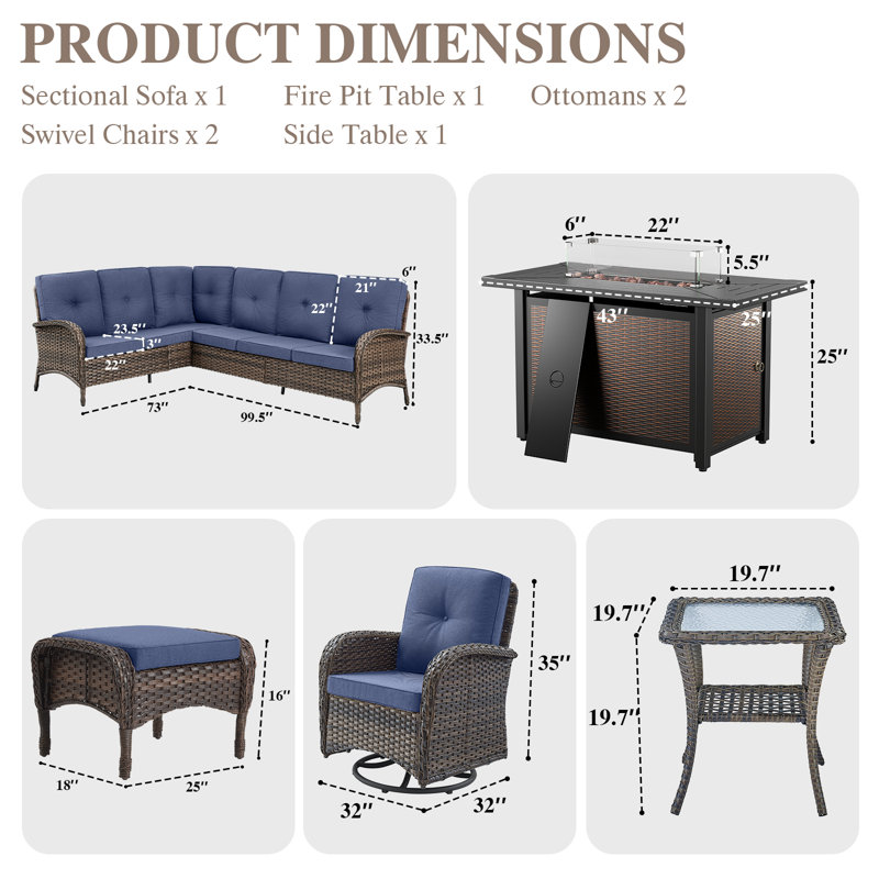 Ensemble de conversation d'extérieur pour 7 personnes avec coussins et table de foyer Serita, Bleu