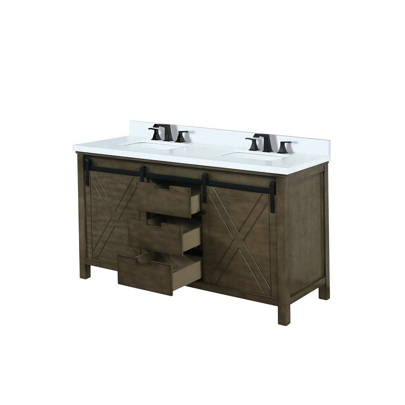 Meuble-lavabo double brun rustique 60 po En largeur, comptoir en quartz blanc, robinet inclus, fermeture en douceur et rangement large avec comptoir, robinet noir mat, armoires à fermeture efficace