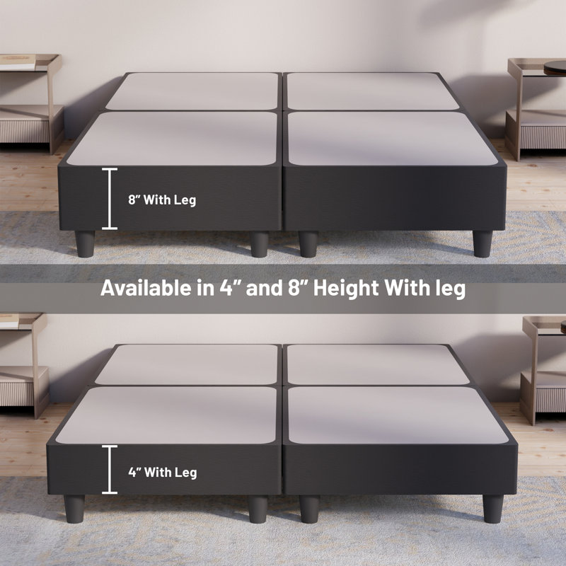 4" Wood Foldable Box Spring/Foundation With Legs For Mattress Support, Heavy-Duty Structure, Fully Assembled, No Need For Bed Frame, Queen, Black