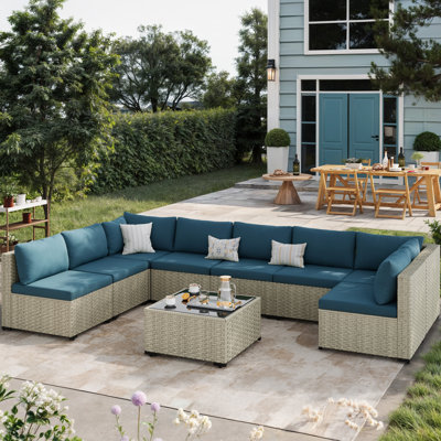 Ensemble de conversation 9 pièces en rotin pour patio avec coussins 9 pièces
