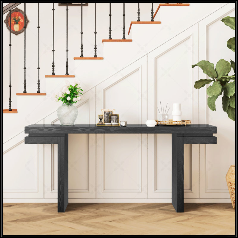 Console très large en placage de bois véritable de 66 pouces, design minimaliste pour entrée, couloir, salon et bureau personnel en noir