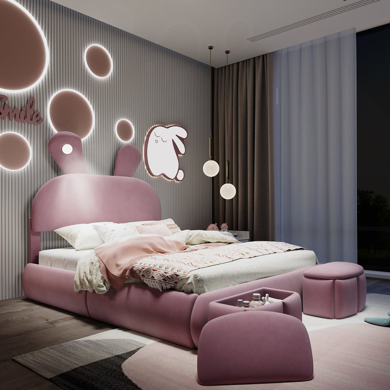 Lit plateforme tapissier pleine grandeur rose avec tête de lit à oreilles, lumières DEL, tabourets de rangement, aucun sommier nécessaire