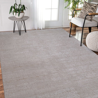 Tapis rectangulaire gris / ivoire en laine et viscose noué à la main