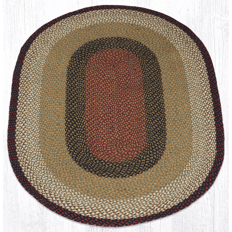  Burgundy & Mustard Oval Braided Rug – Handcrafted Jute, Rustic Farmhouse Style Rug for Entryway or Kitchen, Oval 4' x 6'