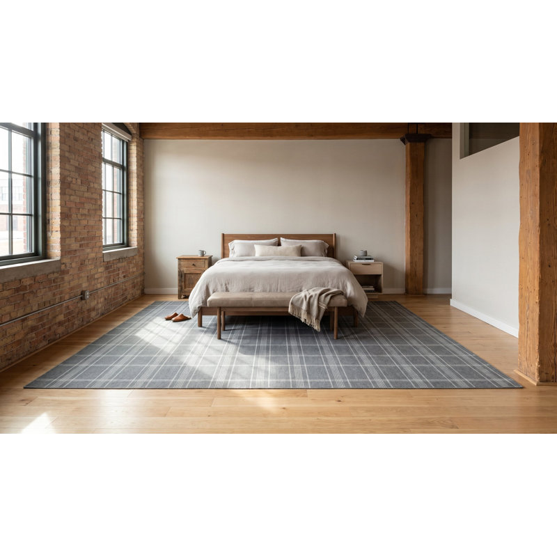Gray Hand-Knotted Wool Subtle Plaid Texture Geometric Modern Contemporary Carpet Rug, 12' x 15'