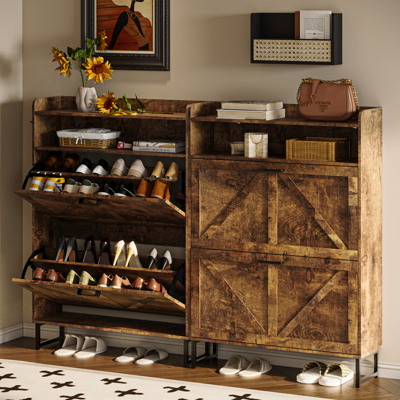 Armoire de rangement pour chaussures 20 paires avec 2 tiroirs rabattables, 2 tablettes réglables et crochets latéraux